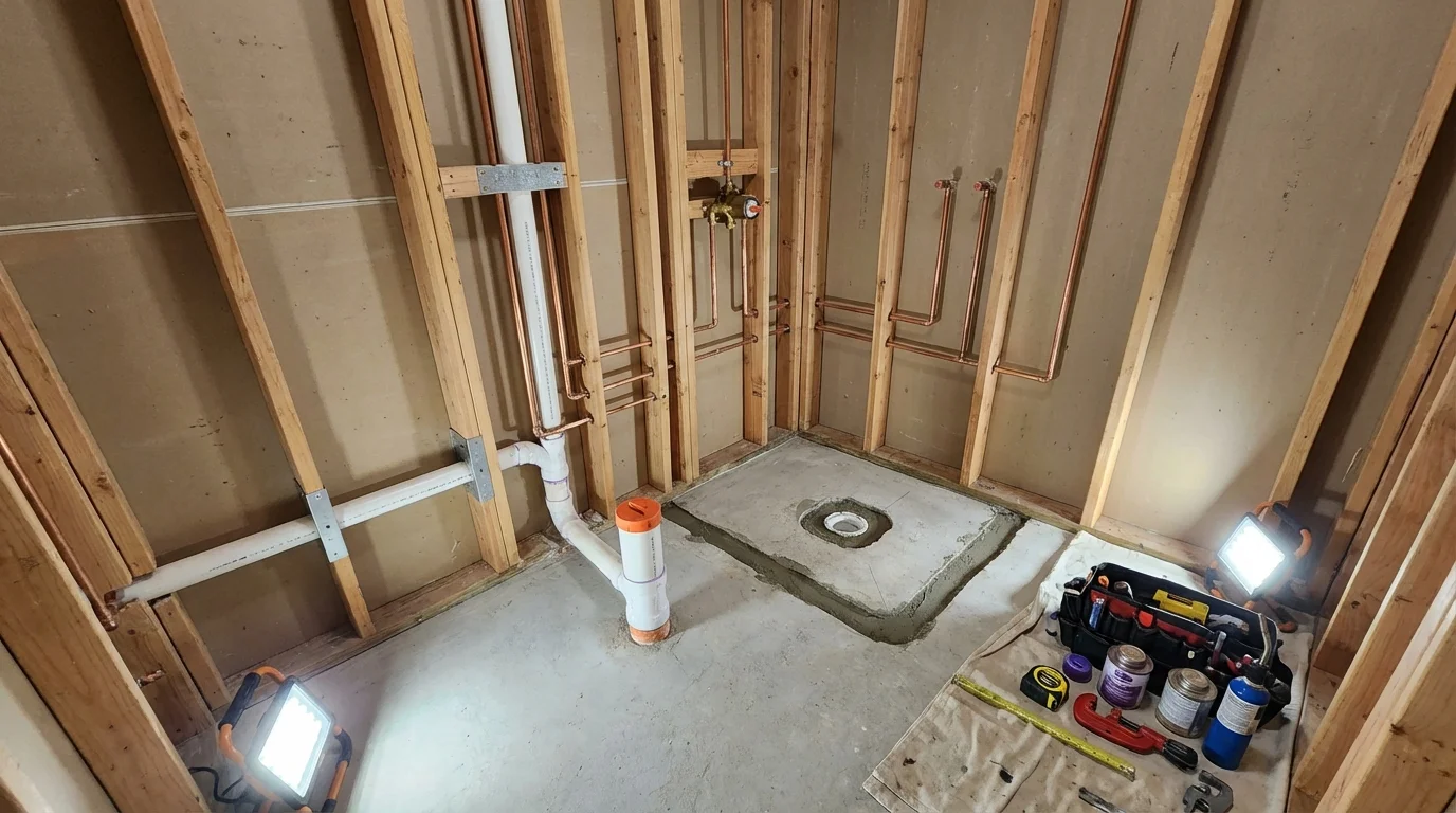 Bathroom rough-in plumbing during remodel by Johns Plumbing LLC in Olcott