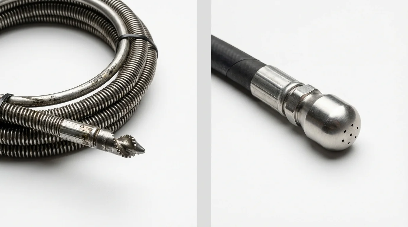 Drain snake cable and hydro jetting nozzle used for drain cleaning in Olcott, NY