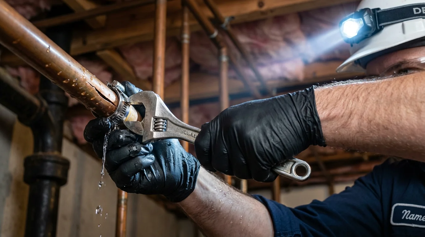 Emergency pipe clamp repair being performed by a Johns Plumbing LLC plumber in Olcott