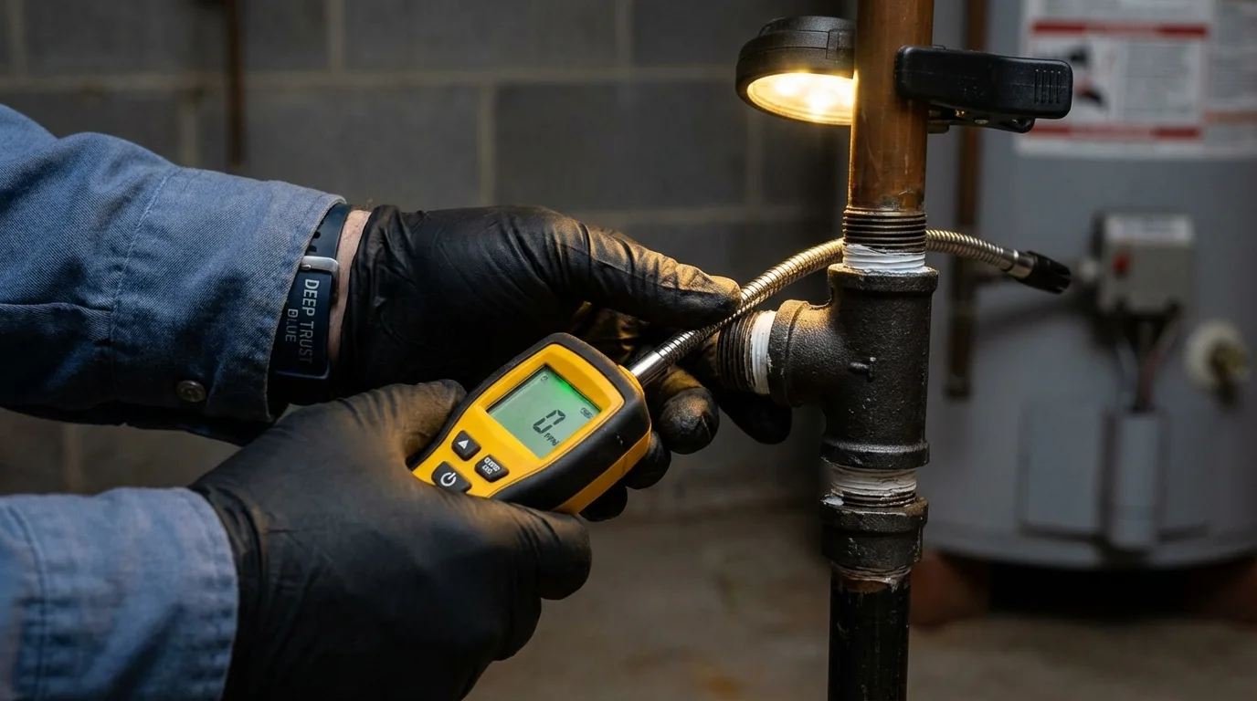 Gas leak detection with electronic sniffer by Johns Plumbing LLC in Olcott