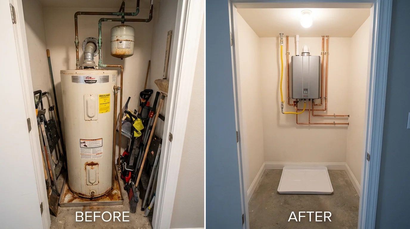 Tank water heater versus wall-mounted tankless unit comparison for Olcott, NY homeowners