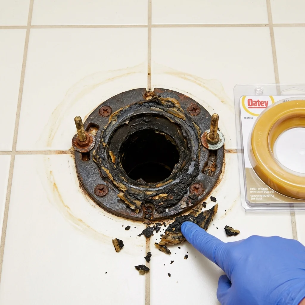 Failed wax ring showing water seepage at the base of a toilet in a Olcott, NY home