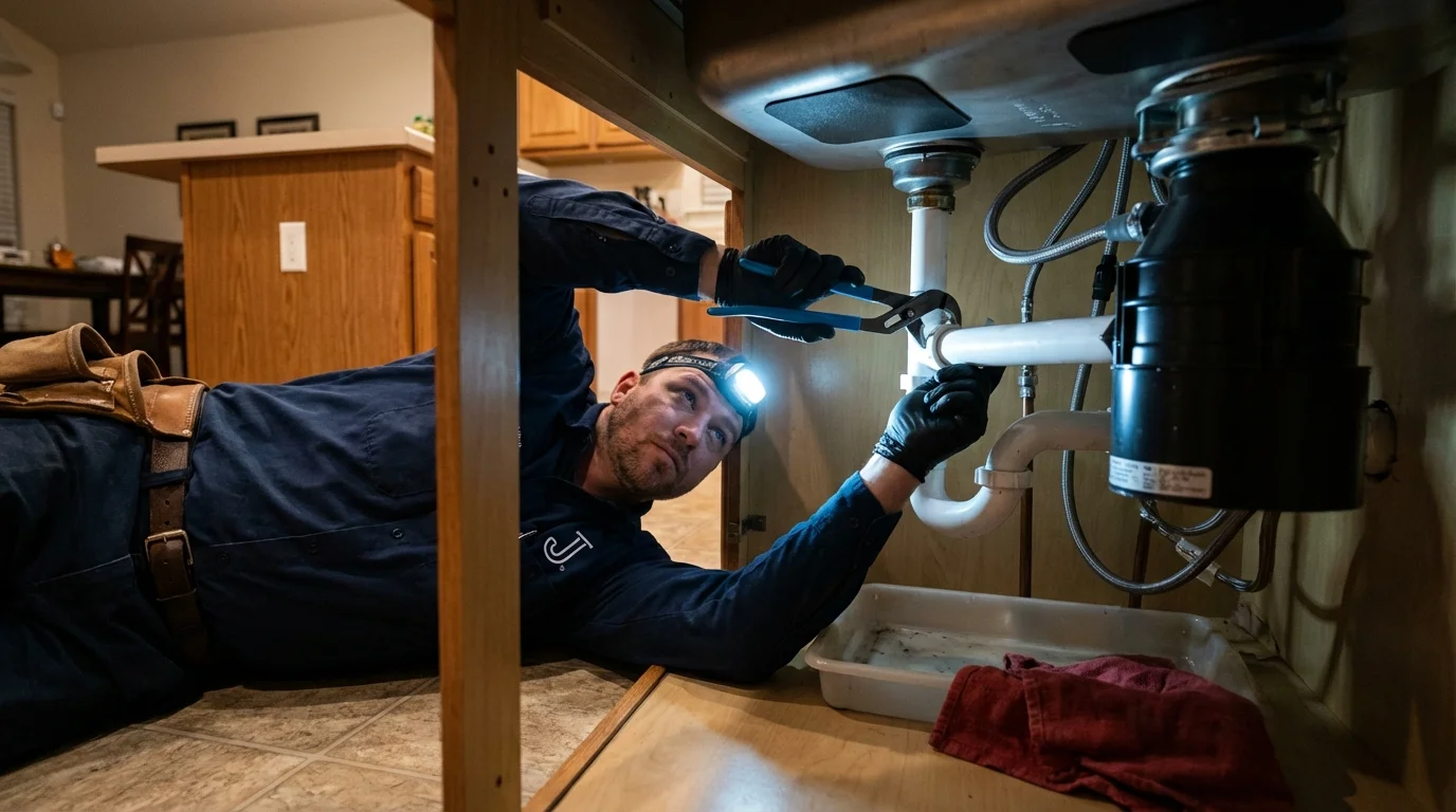 P-trap and supply line connections under a kitchen sink showing a common leak point in Olcott, NY